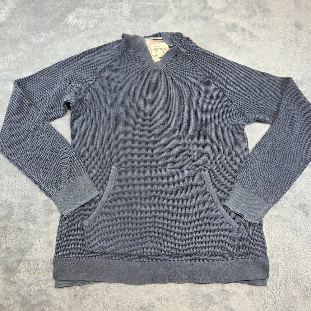 Lucky Brand Mens Small Blue Hoodie Waffle Knit Raglan V-Neck Baja Long Sleeve